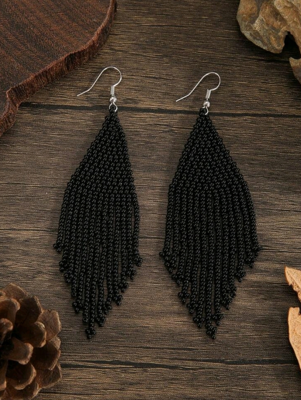 Elegant Black Beaded Fringe Earrings